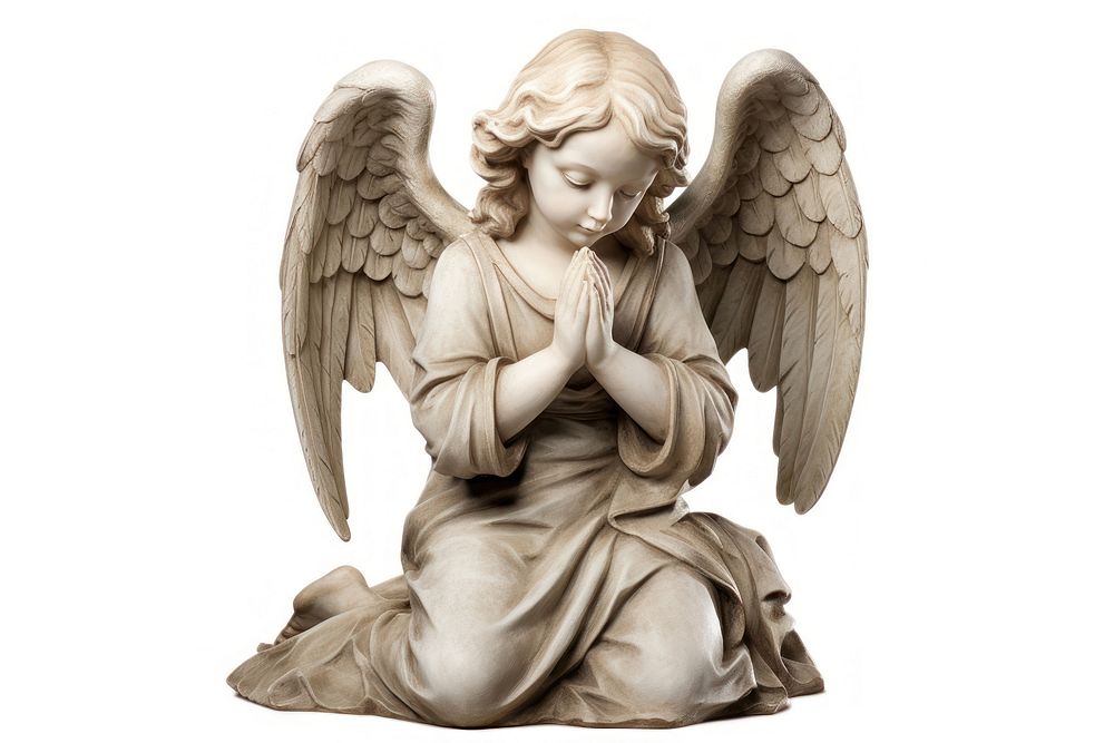 Adoring kneeling angel statue white white background representation.