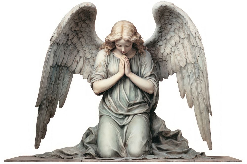 Adoring kneeling angel statue representation spirituality architecture.