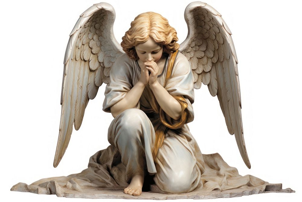 Adoring kneeling angel statue adult white background representation.