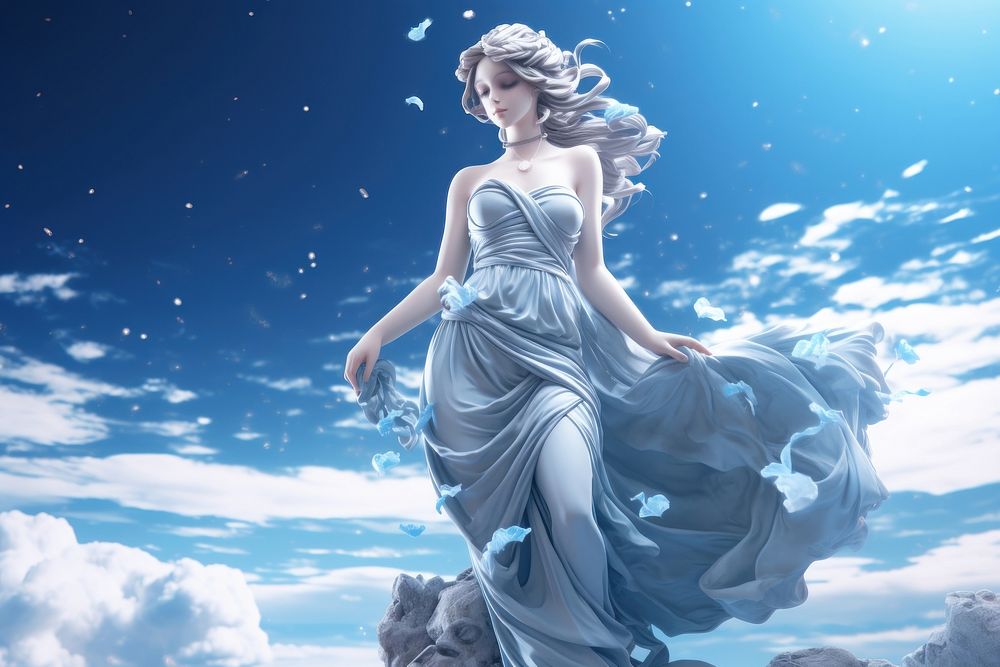 Blue aesthetic wallpaper of Greek goddess statue angel dress adult.