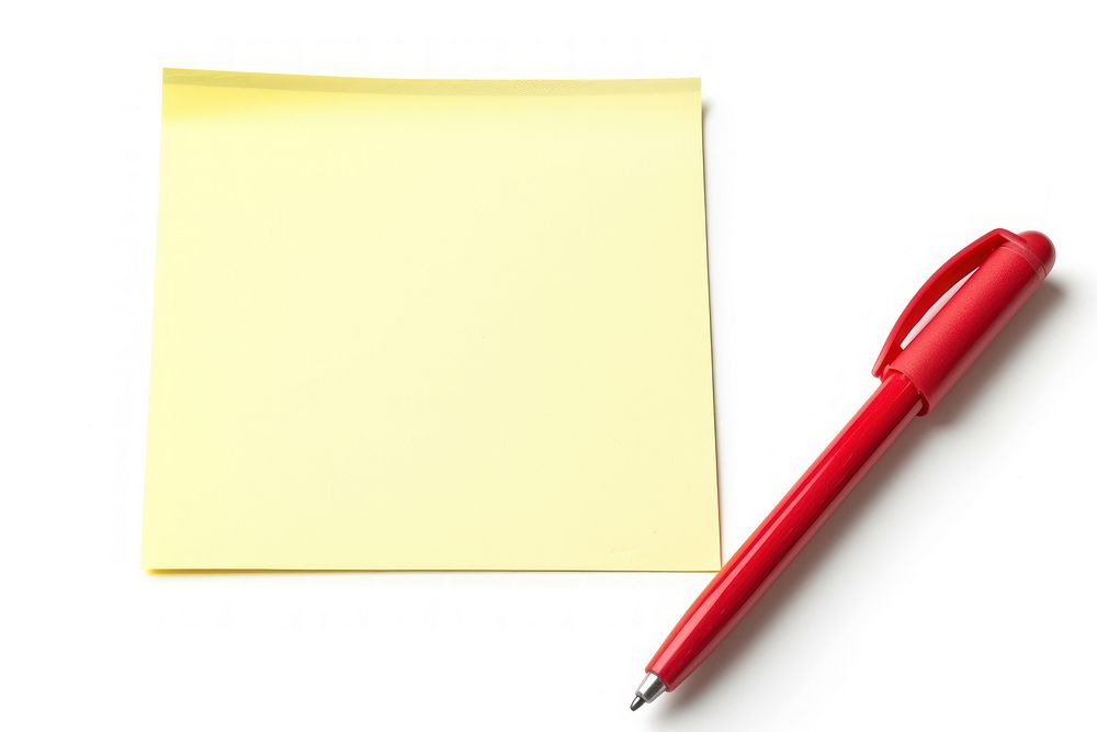 Blank sticky post it note paper pen white background.