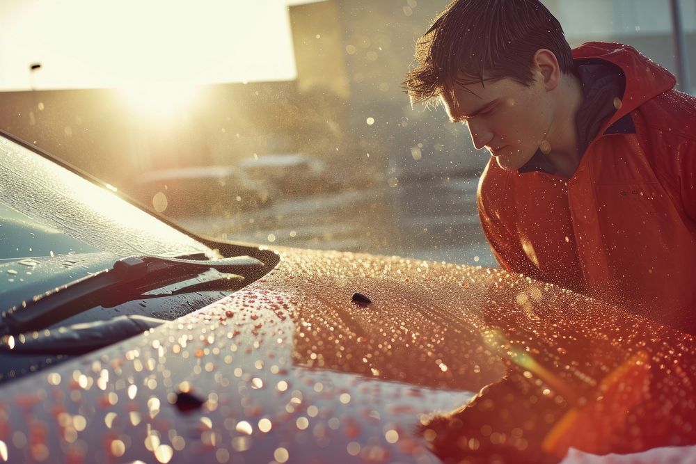 A man cleaning the hood of a car windshield spraying standing.