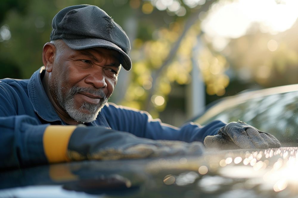 A man cleaning the hood of a car photography portrait adult.