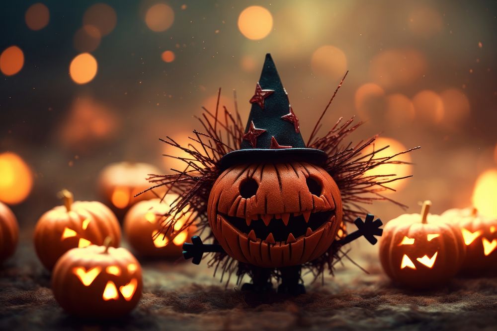 Halloween with firework anthropomorphic jack-o'-lantern representation.