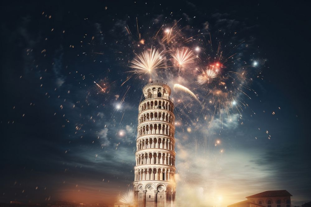 Pisa tower with firework architecture astronomy fireworks.