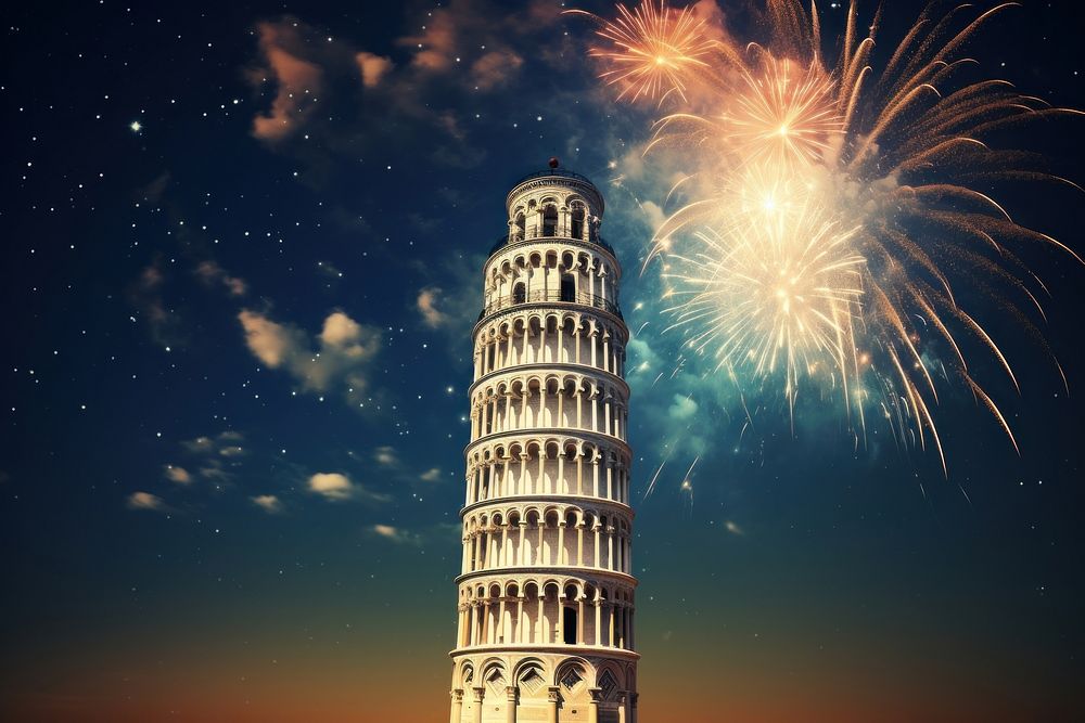 Pisa tower with firework architecture fireworks building.