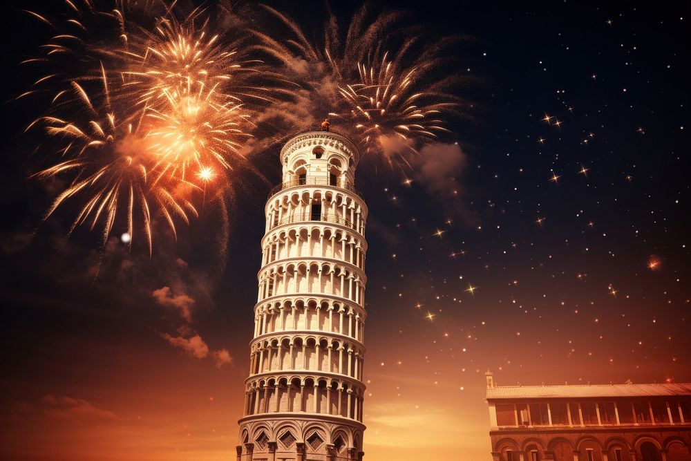 Tower of Pisa architecture fireworks building.