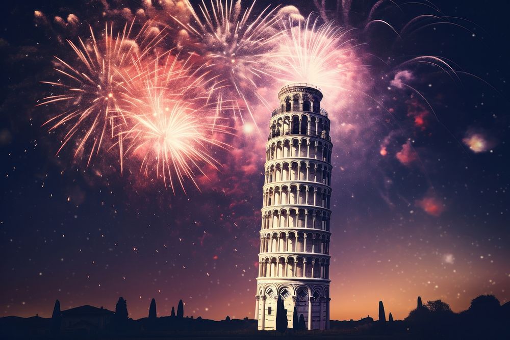 Tower of Pisa architecture fireworks building.