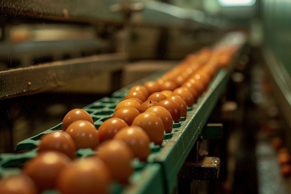 Eggs at chicken farming production line factory food manufacturing.