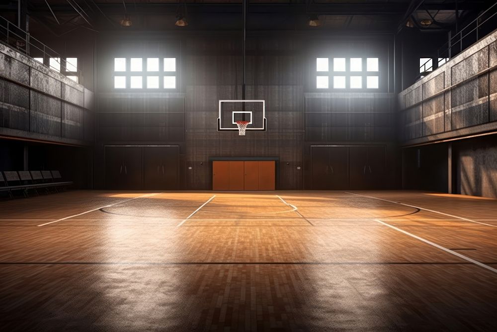 Empty basketball gym stage sports architecture illuminated.