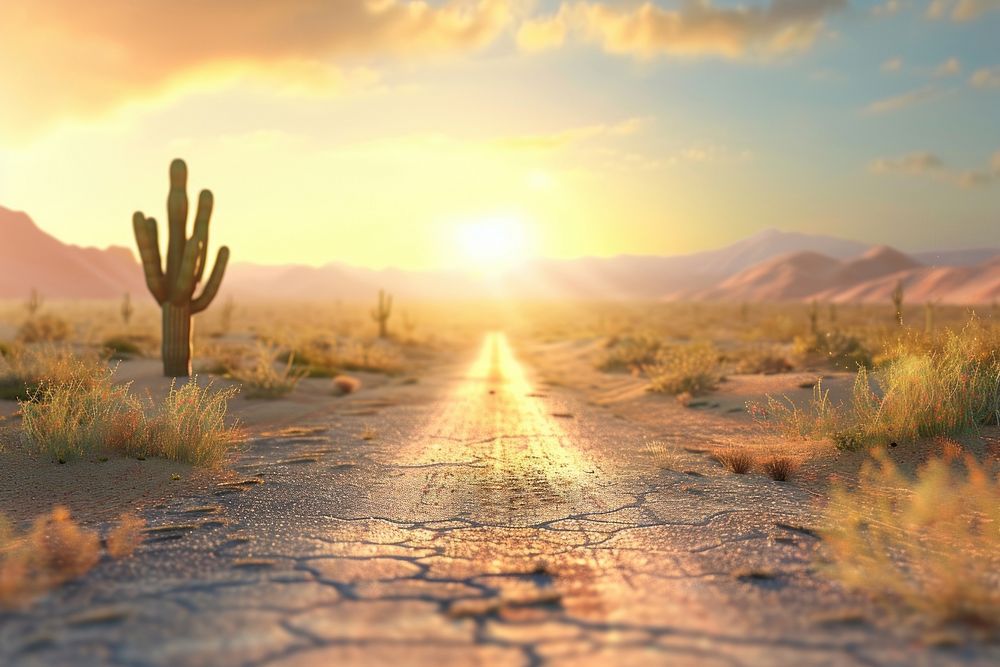 Empty desert road stage landscape panoramic sunlight.