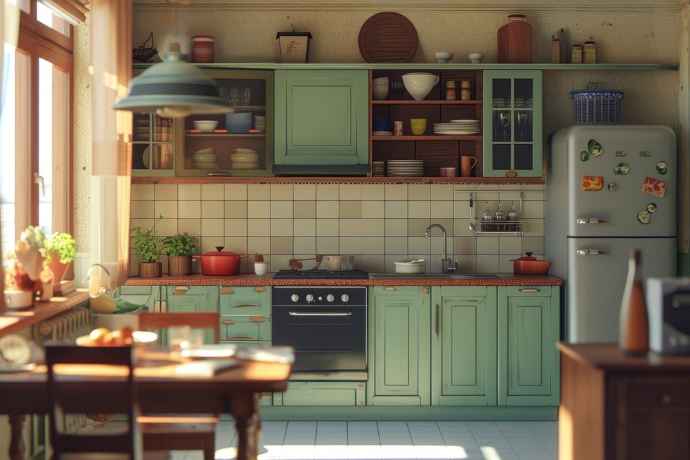 Empty kitchen stage refrigerator furniture appliance.