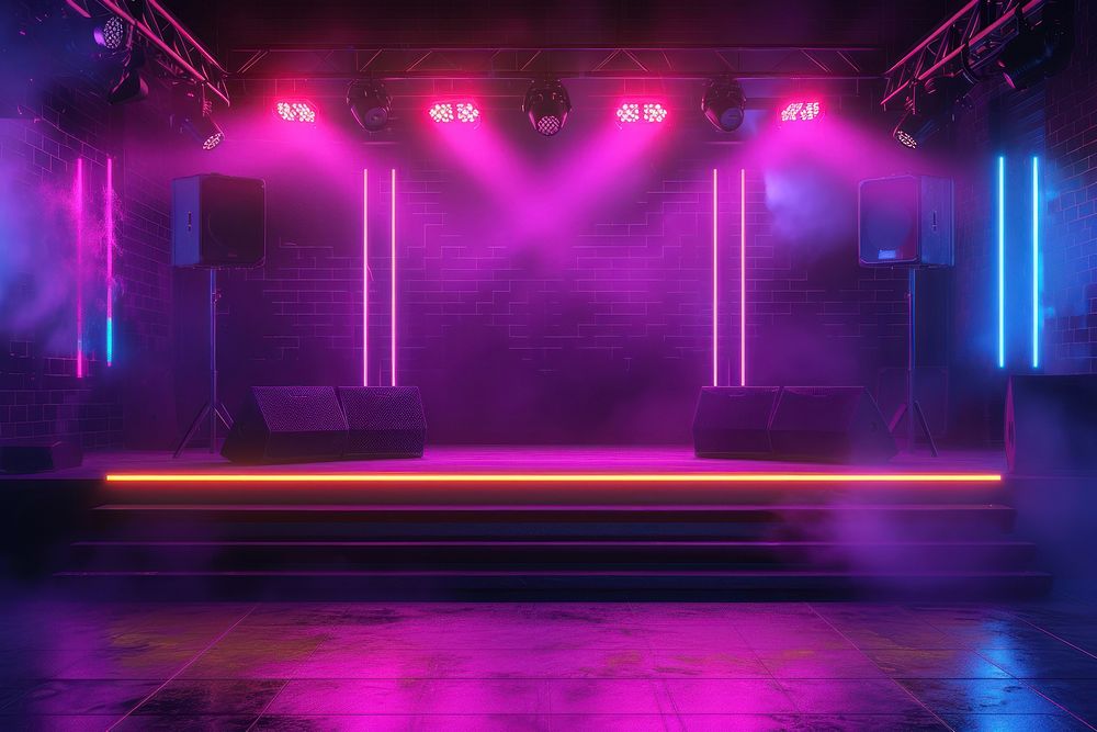 Empty neon club stage light entertainment architecture.