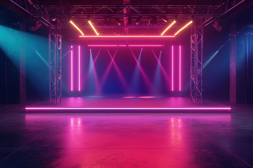 Empty neon concert stage lighting architecture illuminated.
