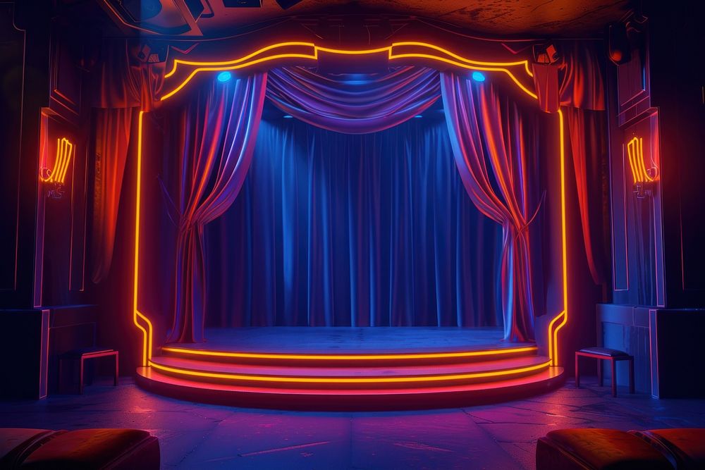 Empty neon stage architecture illuminated performance.