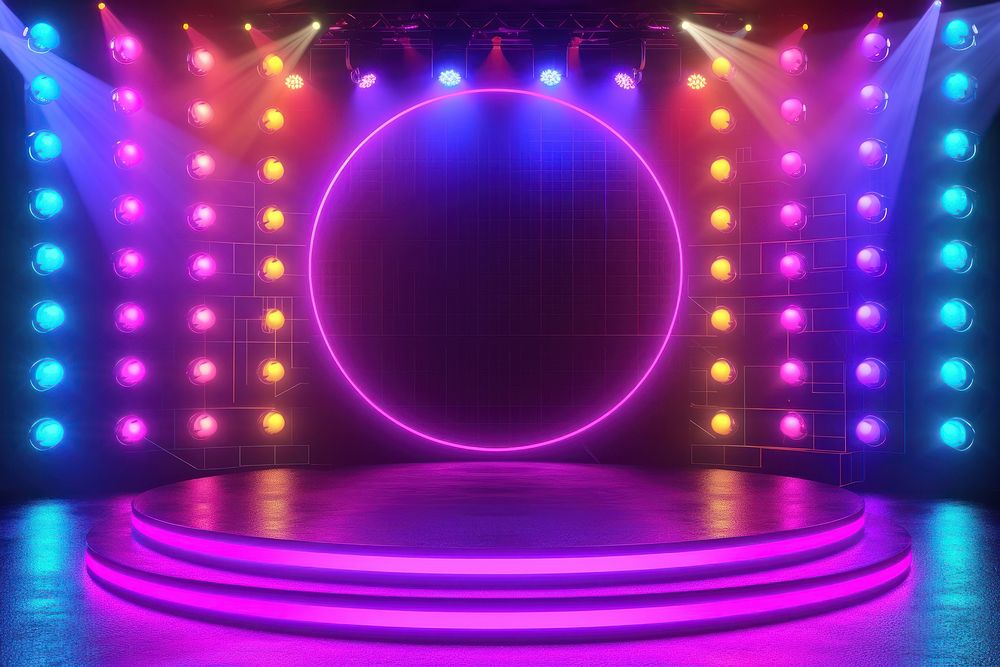 Empty neon stage light illuminated performance.