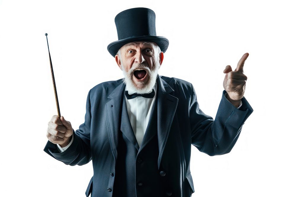 Excited magician shouting portrait holding.