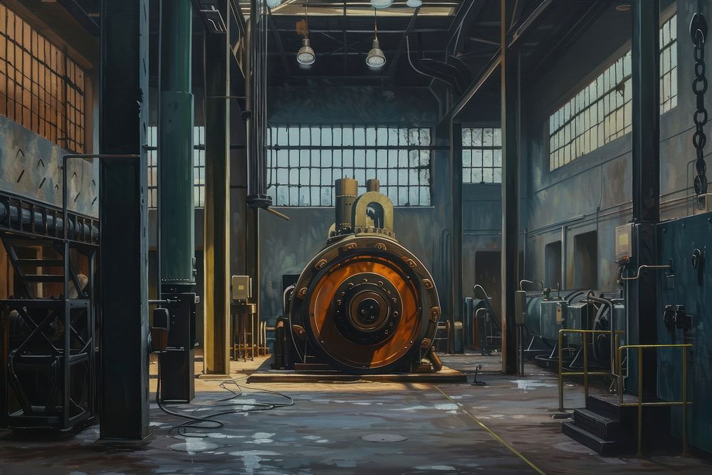 Factory scene with machinery architecture building transportation.