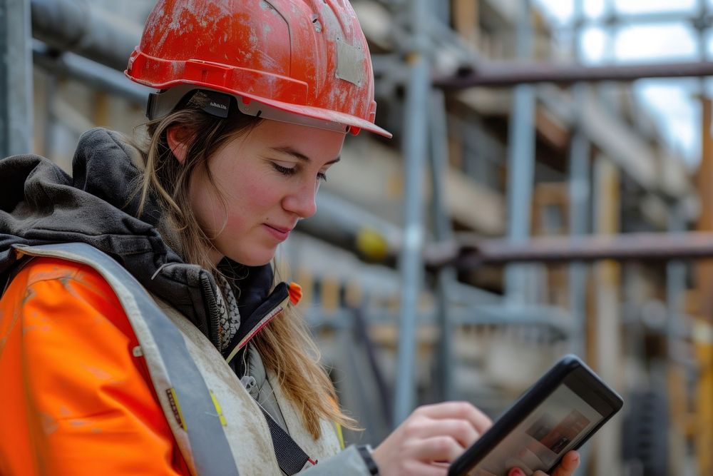 Female engineer working with tablet hardhat helmet architecture.