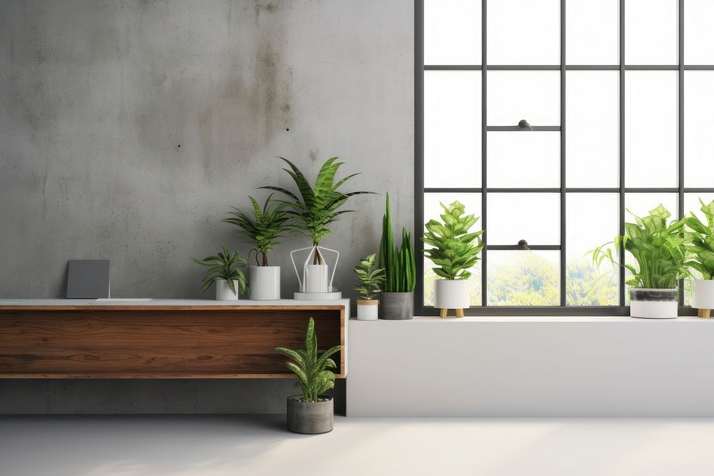 Modern office concrete wall plant indoors window.