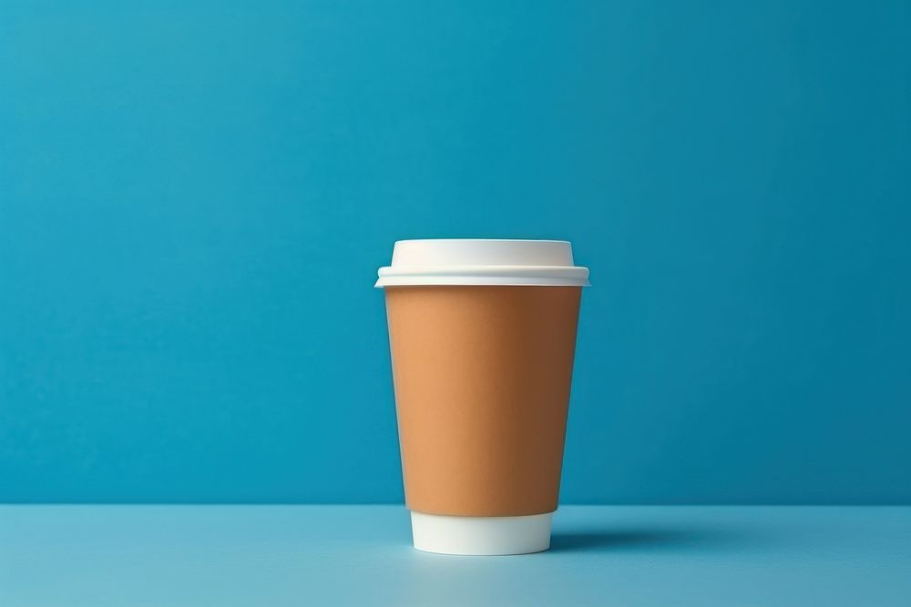 Brown paper cup of hot latte art coffee drink blue mug.