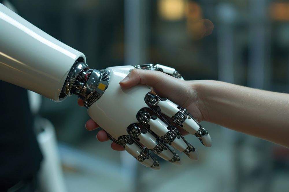 Handshake abetween robot and human electronics technology hardware.