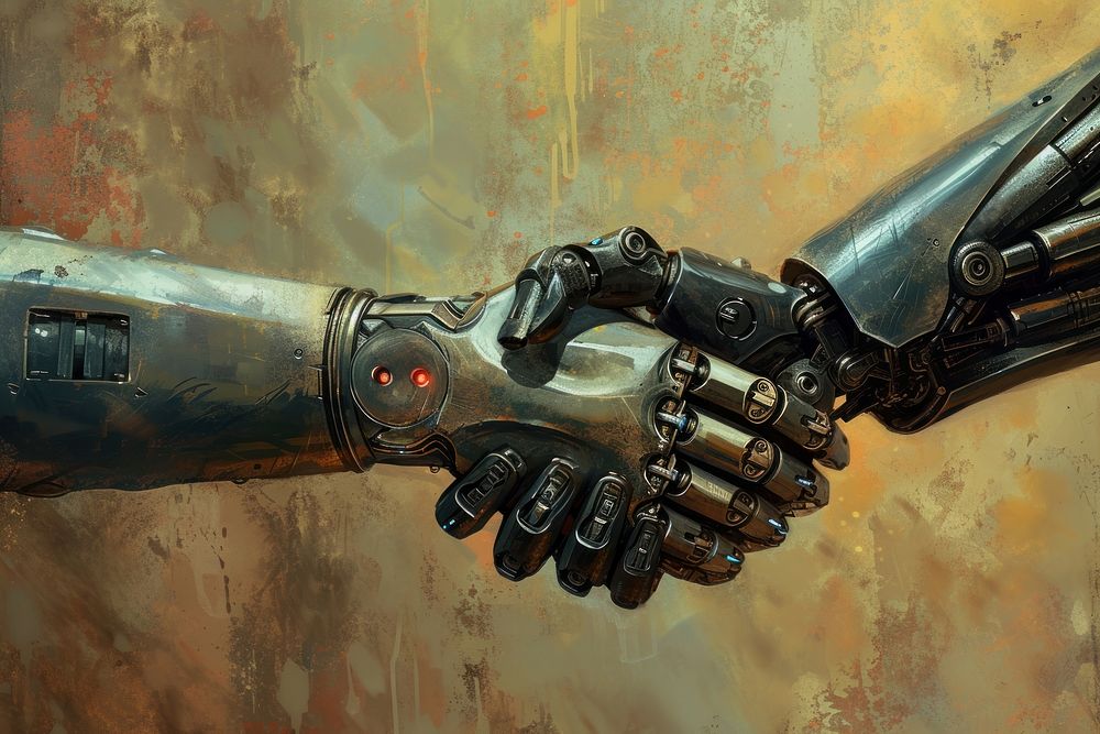 Handshake abetween robot and human transportation technology clothing.