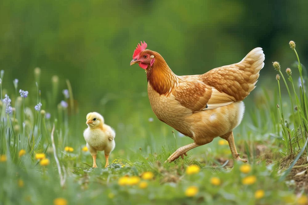 Hen and baby chick walking chicken poultry animal.