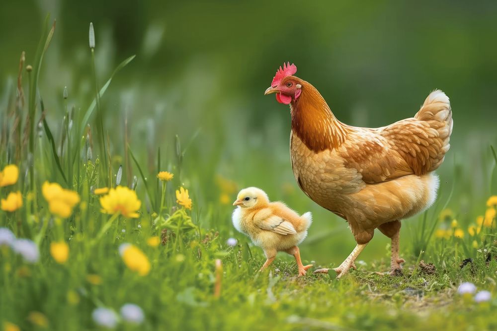 Hen and baby chick walking chicken poultry animal.