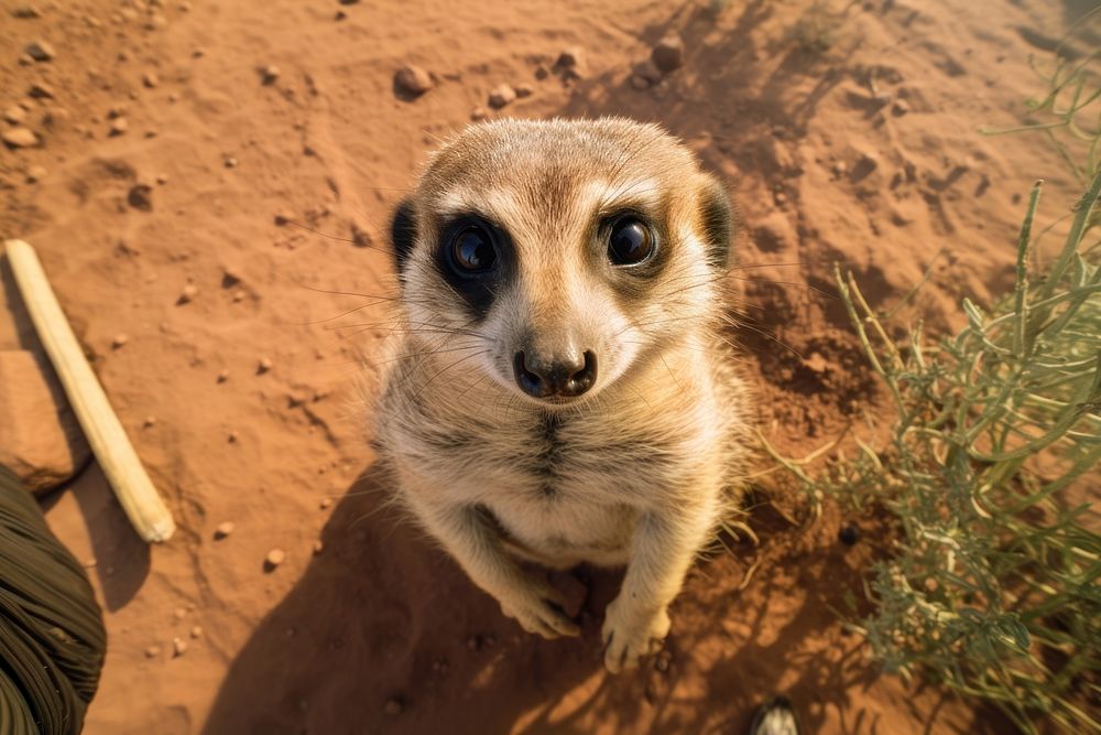 Meerkat looking up at camera animal wildlife mammal.