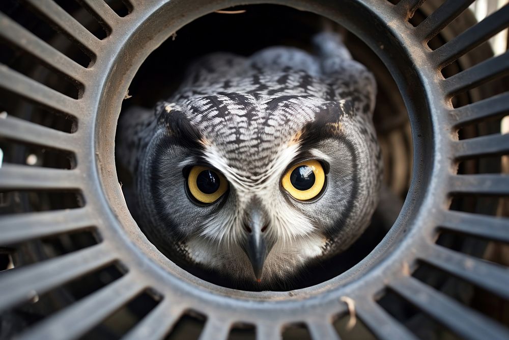 Owl looking up at camera in cage animal wheel bird.