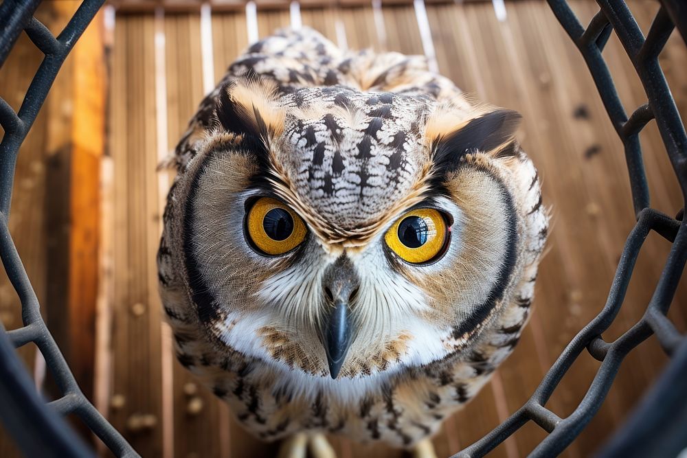 Owl looking up at camera in cage animal bird beak.