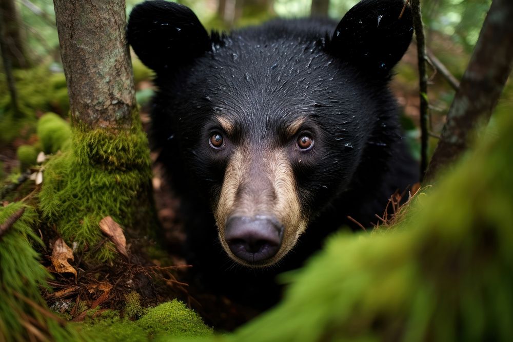 Black bear looking up at camera in woods animal wildlife mammal.