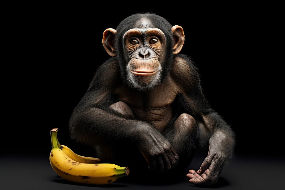 Chimpanzaa with banana looking up at camera animal wildlife monkey.