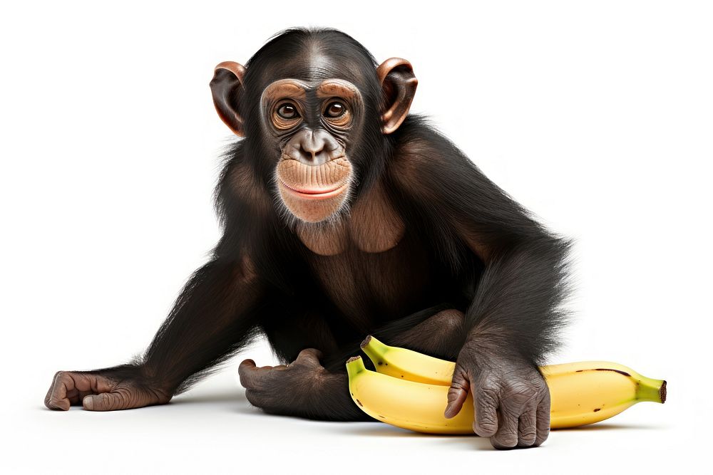 Chimpanzaa with banana looking up at camera wildlife mammal animal.