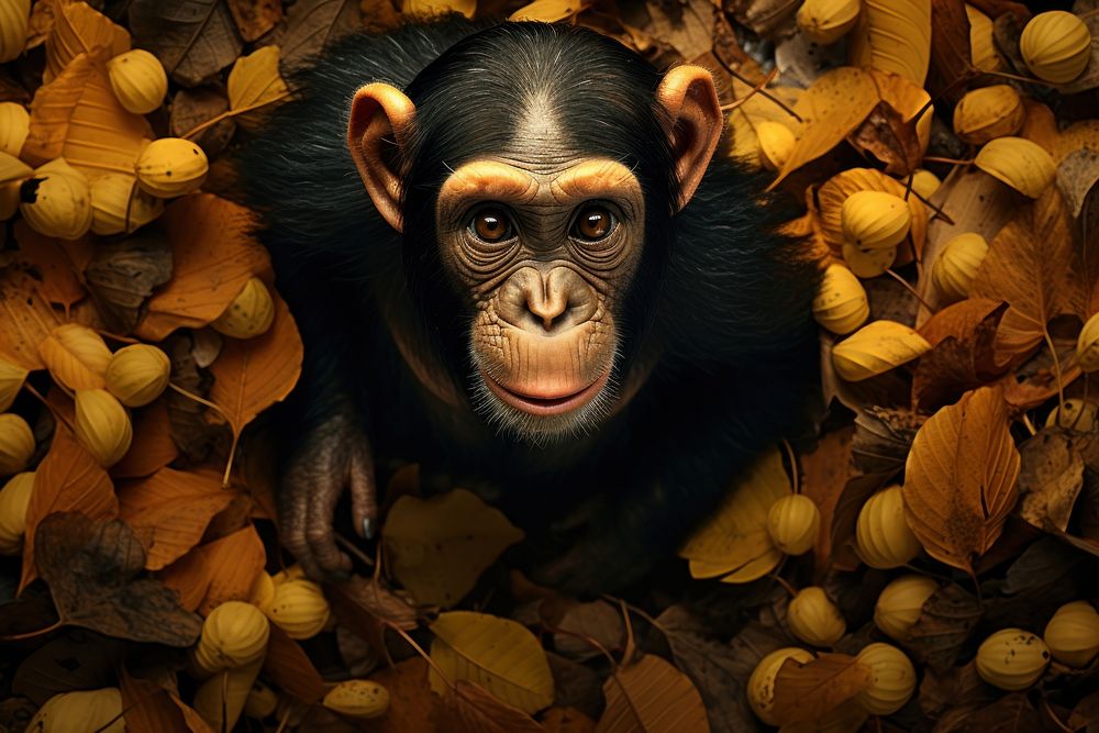 Chimpanzaa with banana looking up at camera animal wildlife mammal.