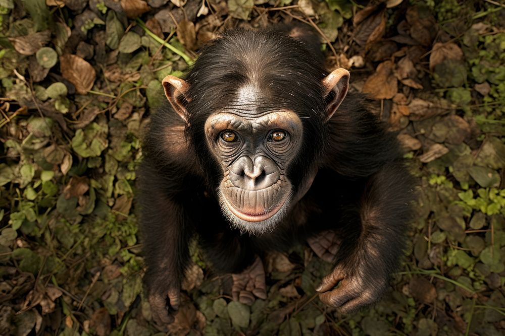 Chimpanzee looking up at camera animal wildlife monkey.
