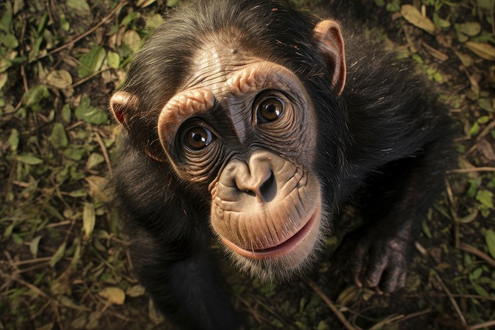 Chimpanzee looking up at camera animal wildlife monkey.