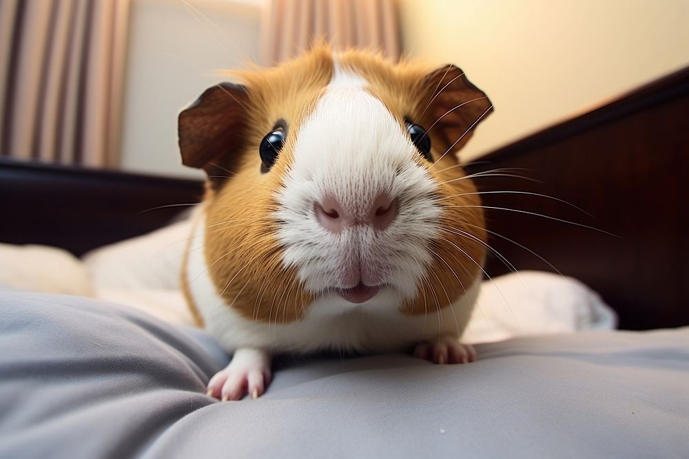 Guinea pig looking up at camera on bed animal pet hamster.