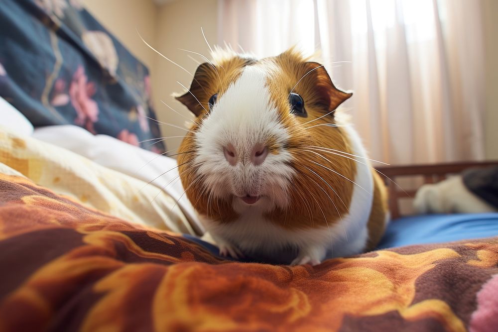 Guinea pig looking up at camera on bed animal mammal rodent.