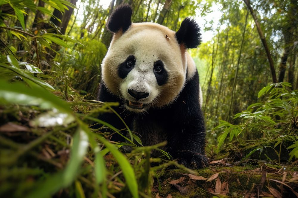 Giant panda looking up at camera in bamboo woods animal wildlife outdoors.