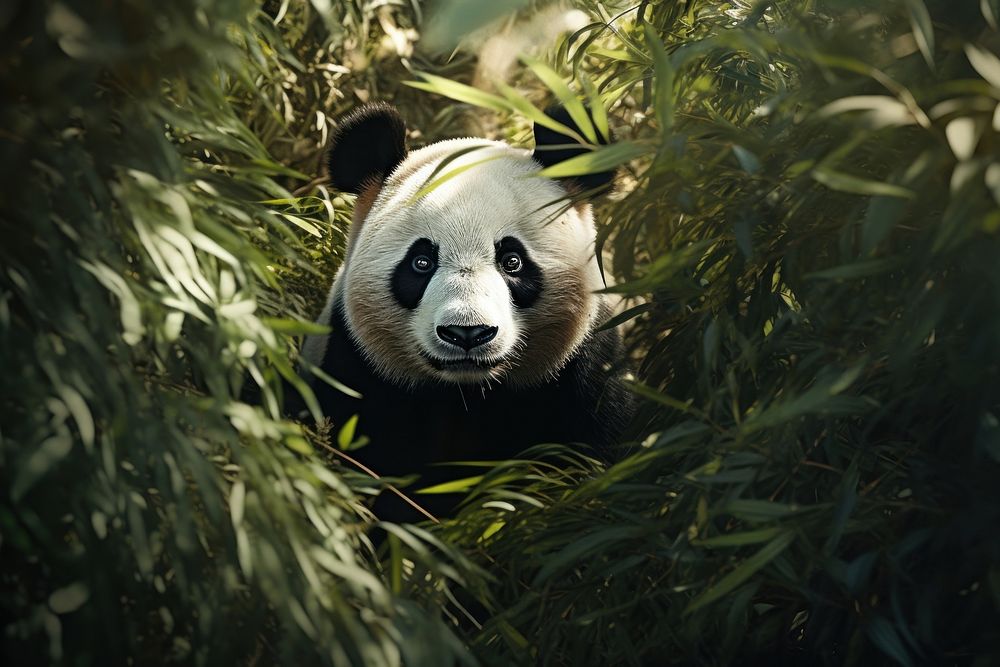 Giant panda looking up at camera in bamboo woods animal wildlife mammal.