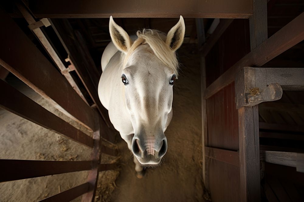 Horse looking up at camera on stable animal mammal livestock.