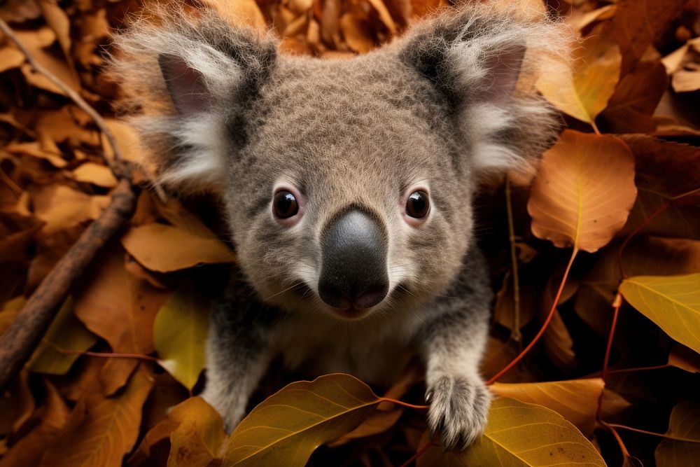 Koala with leaf looking up at camera from tree animal wildlife kangaroo.