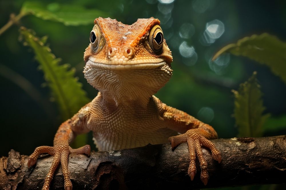 Lizard looking up at camera on branch animal wildlife reptile.