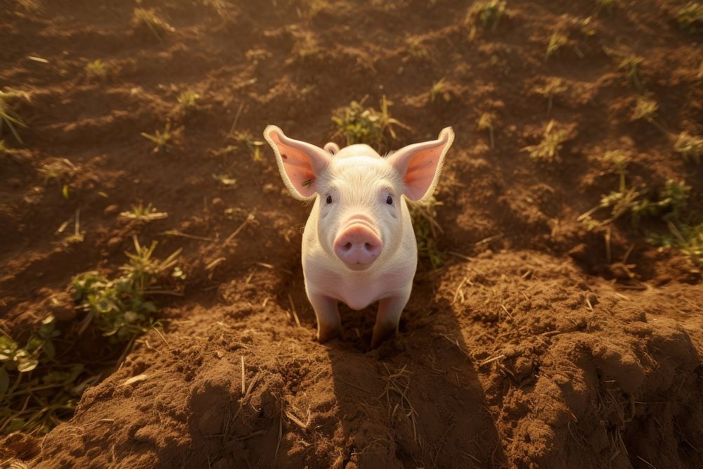 Pig looking up at camera on field animal mammal soil.