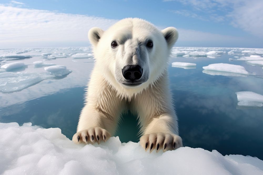 Polar bear looking up at camera on iceberg animal wildlife mammal.