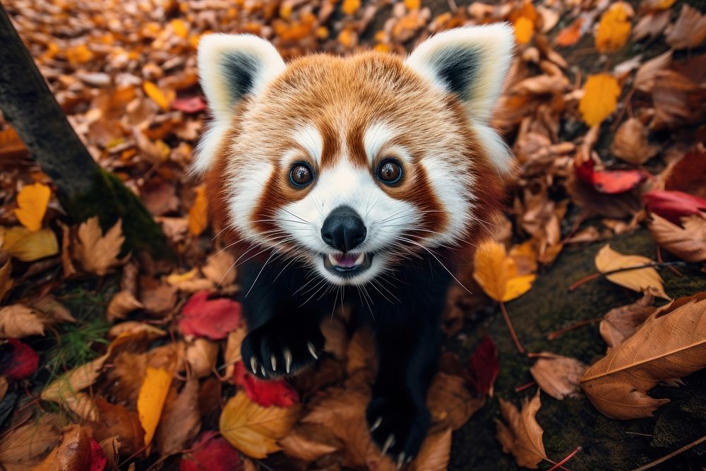 Red panda looking up at camera on autumn woods ground animal wildlife mammal.