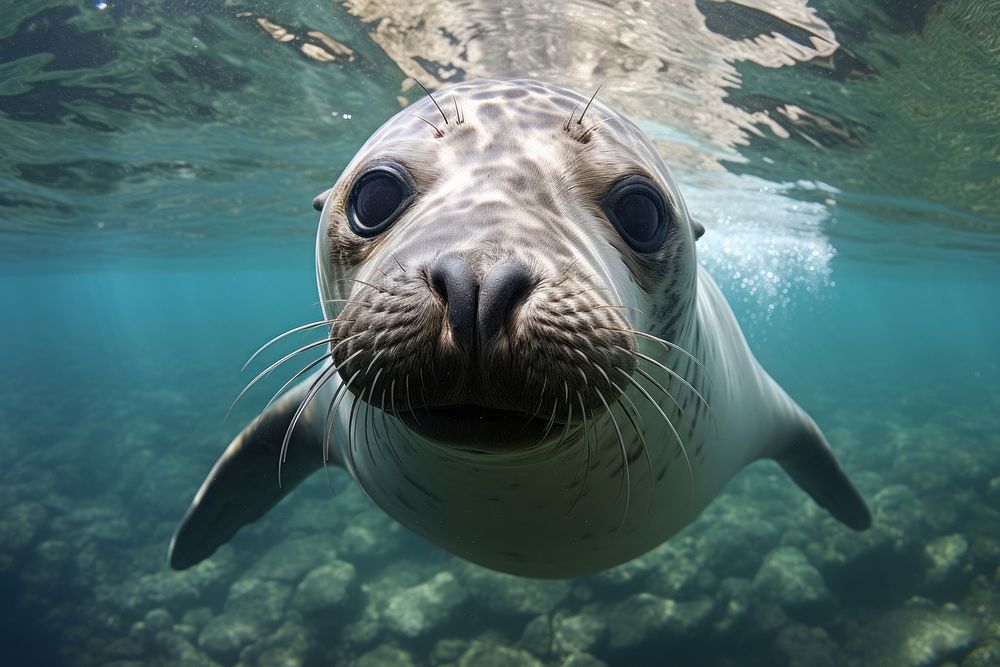 Sea lion looking up at camera by sea animal mammal seal.
