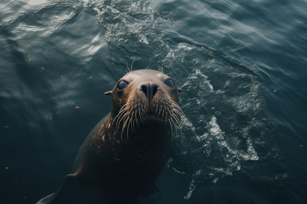 Sea lion looking up at camera by sea animal mammal seal.